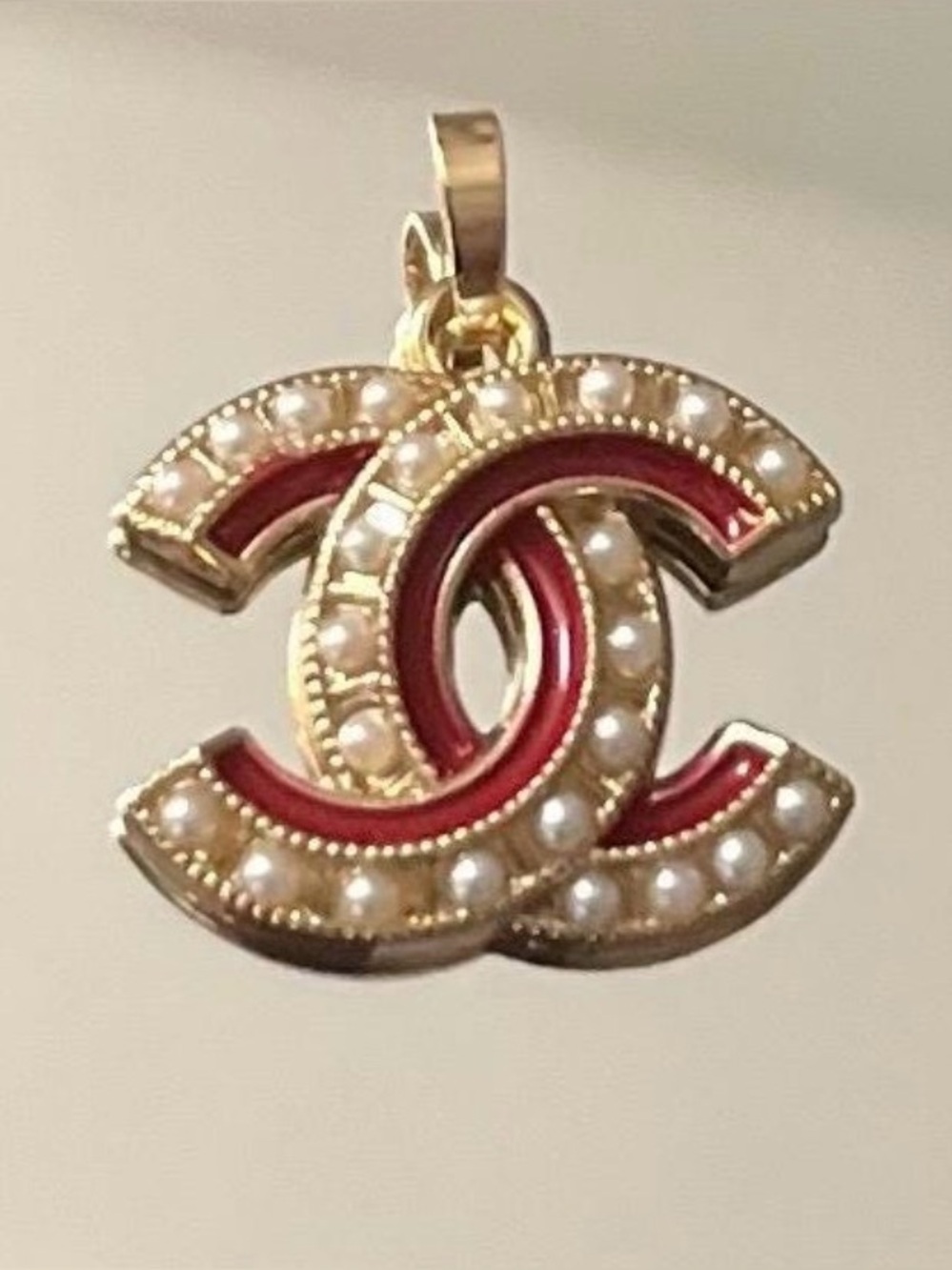 CHANEL Gold-Tone Red Enamel & Pearl Interlocking C Pendant